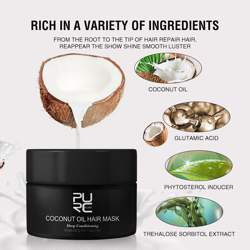 Anti-shedding smooth hair mask in 50ml jar with coconut fragrance for frizz control and damage repair