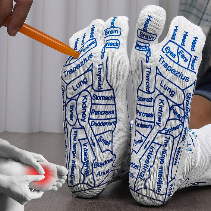 White cotton Massage Socks with blue printed reflexology charts and labeled acupuncture points for foot therapy and acupressure.
