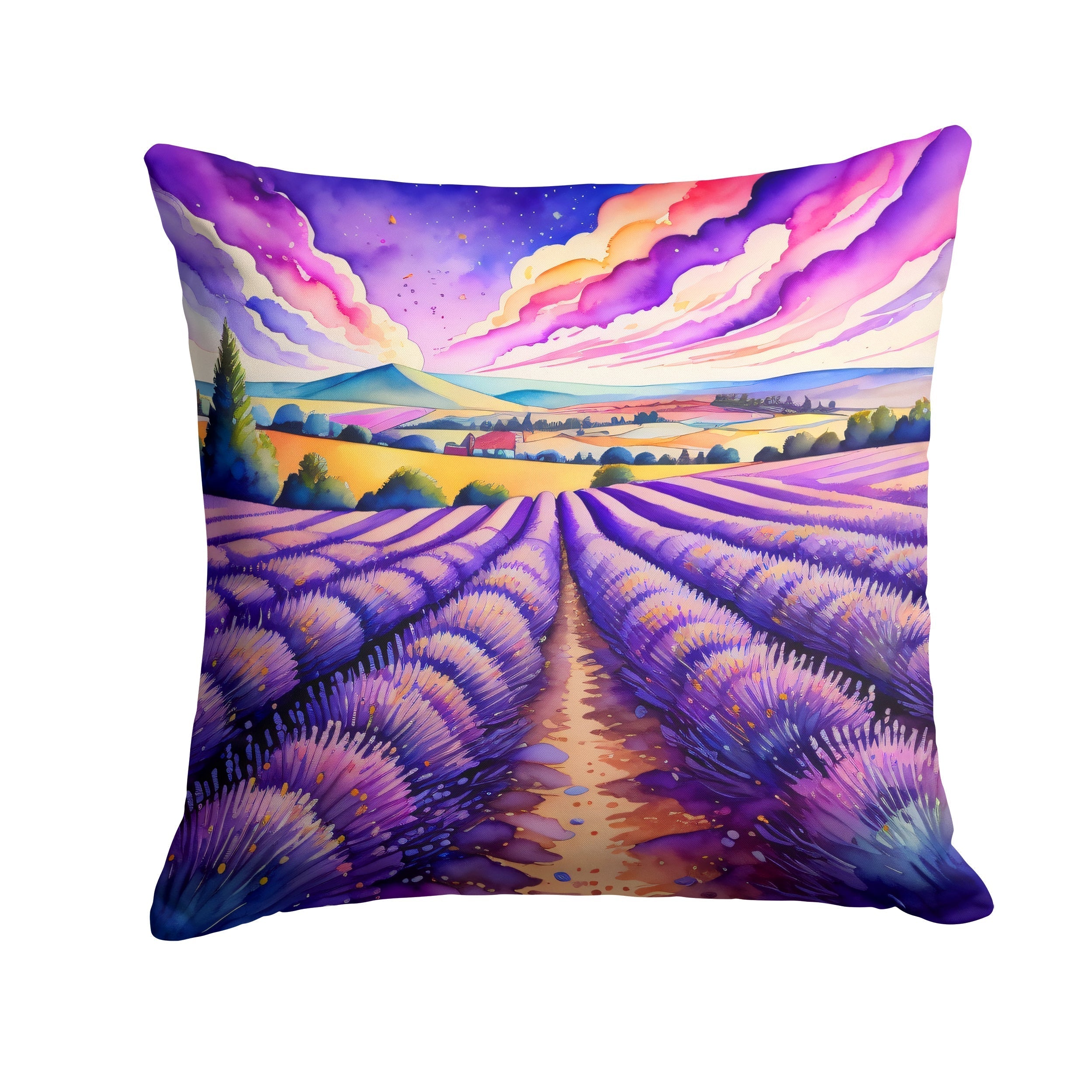 English lavender throw pillow with floral artwork, soft polyester fabric, and water-resistant design for indoor and outdoor use