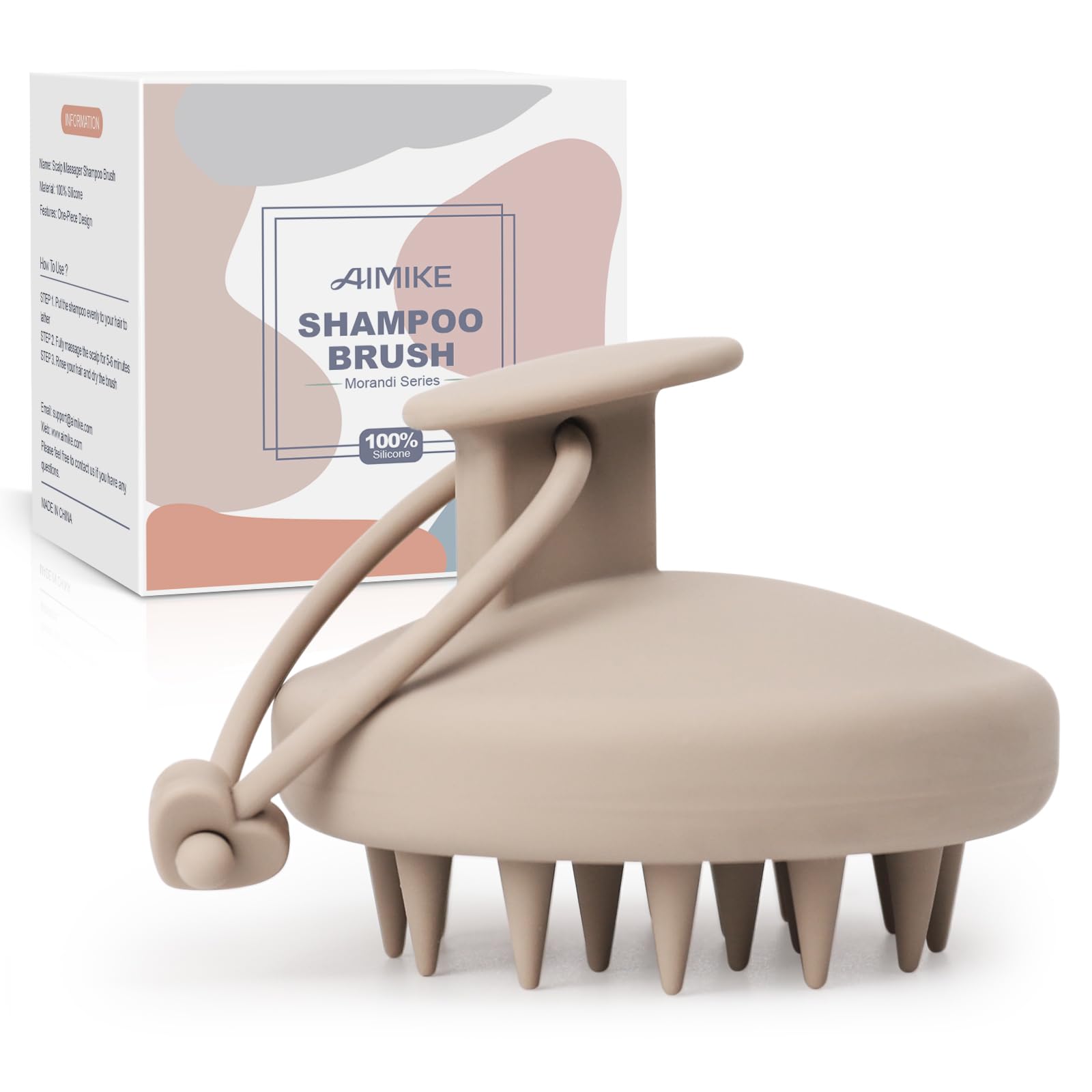 Khaki AIMIKE scalp massager shampoo brush with soft silicone bristles for dandruff removal and hair growth