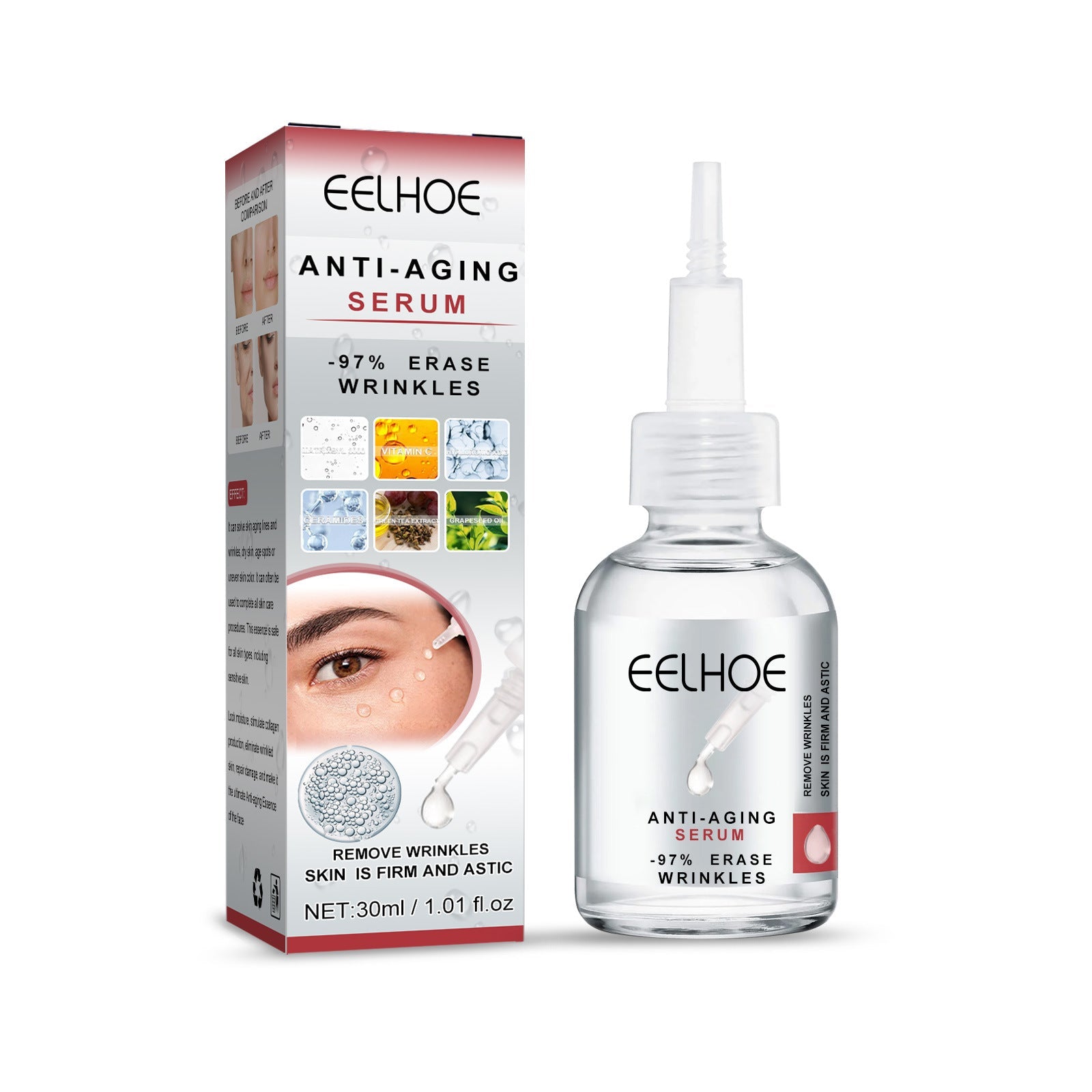 Bottle of deep anti-wrinkle essence for firming and nourishing facial skin