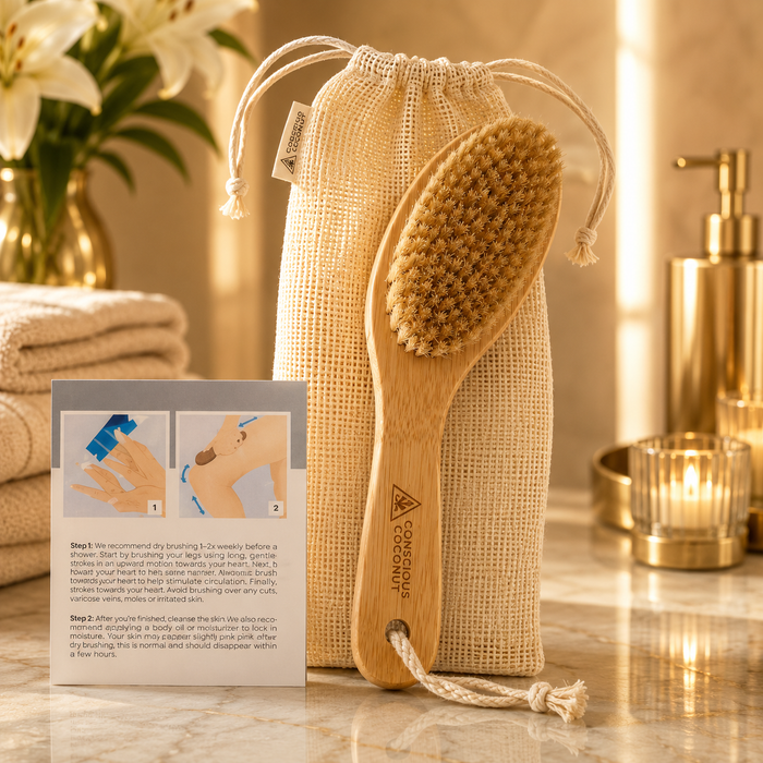 Bamboo dry brush with natural bristles, ergonomic wooden handle, and travel bag for gentle skin exfoliation