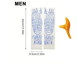 White cotton Massage Socks with blue reflexology diagrams printed for acupressure foot massager, includes an orange plastic massage tool.