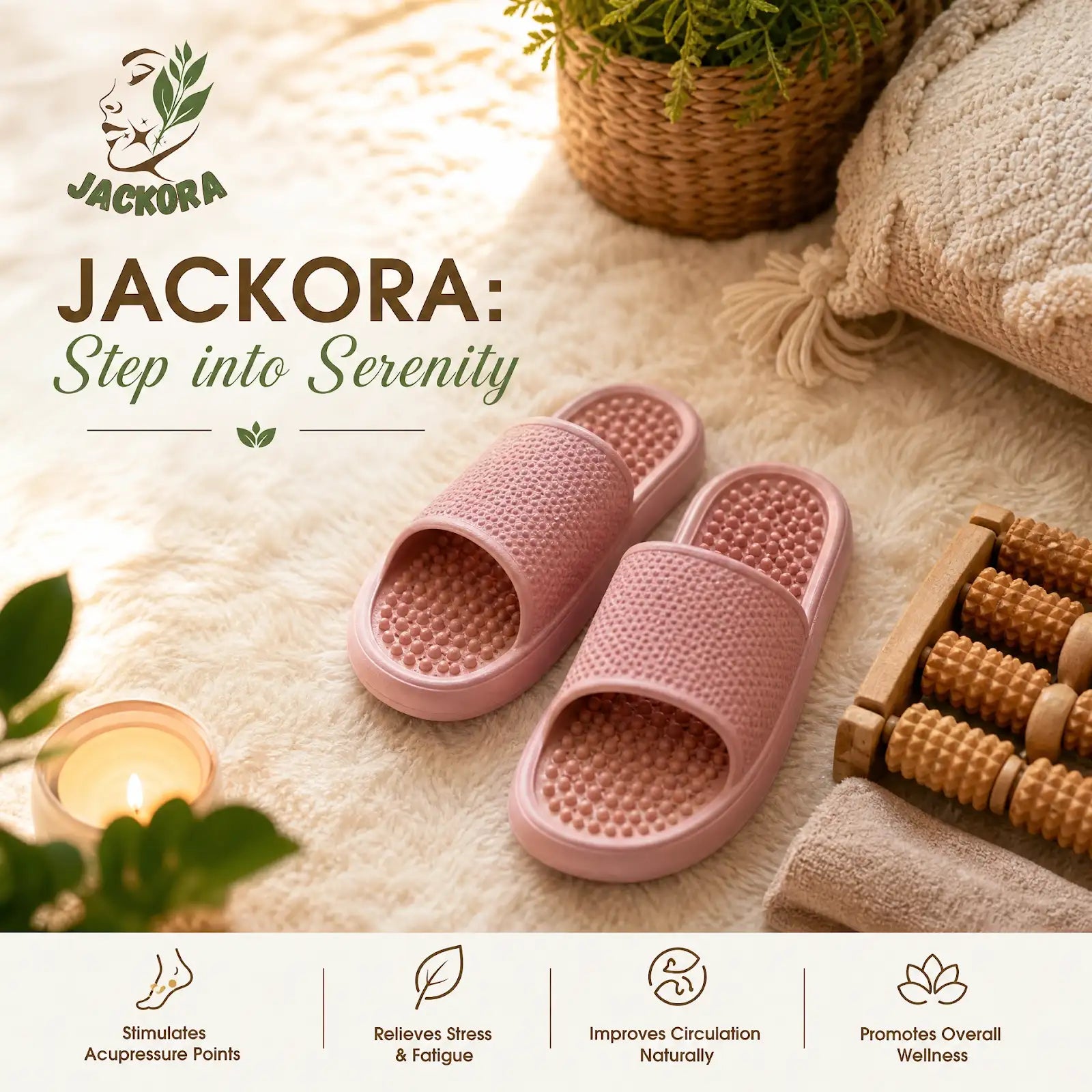 Pair of acupressure slippers with built-in arch support and adjustable straps for foot relief and circulation.