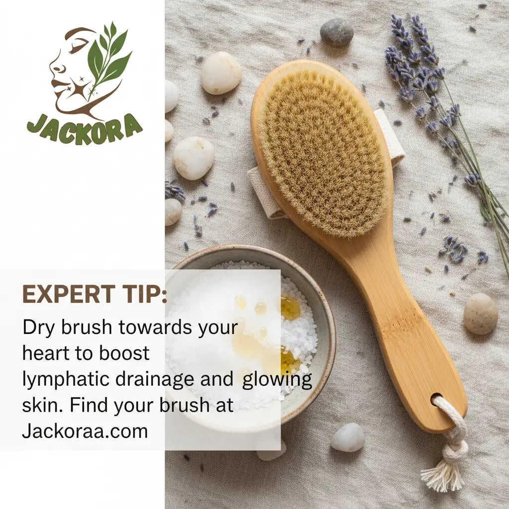 Bamboo dry brush with natural bristles, ergonomic wooden handle, and travel bag for gentle exfoliation and skincare routines
