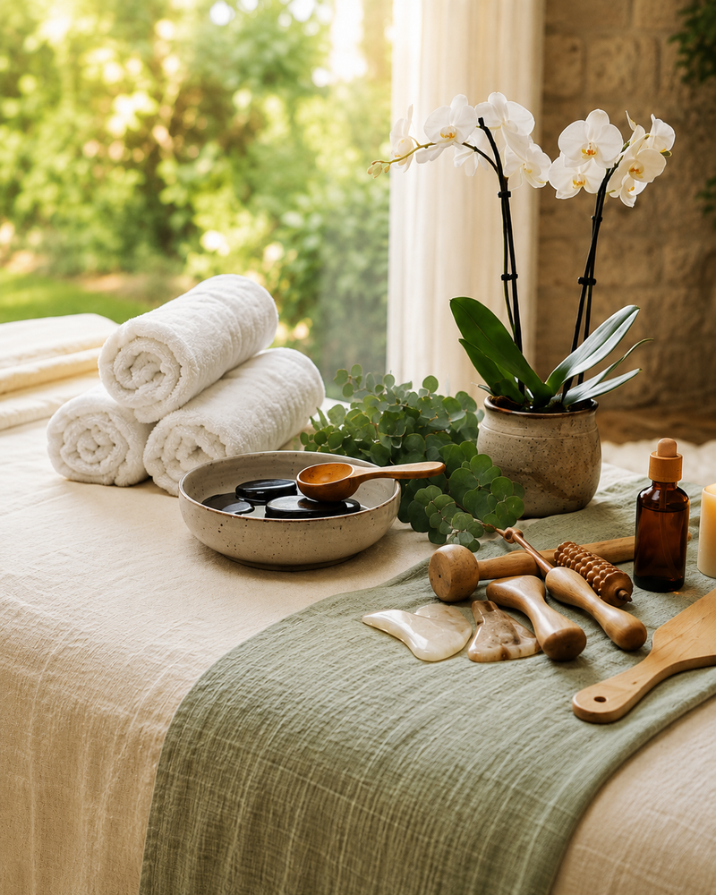 Facial massage and gua sha tools arranged on a stone surface